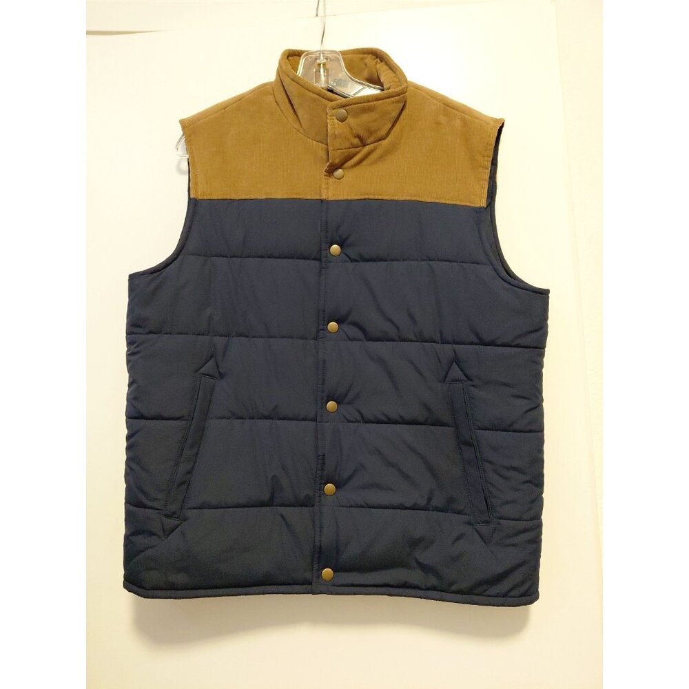 J Crew Authentic Outerwear Puffer Vest Blue Men's Medium Brown Corduroy Trim